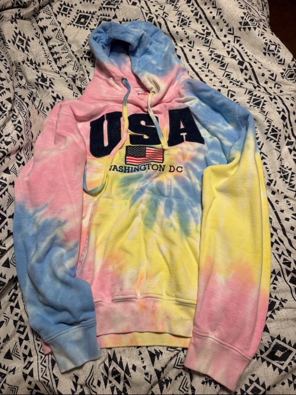 Tie-Dye USA Pullover Hoodie - Pastel Pink Blue Yellow
